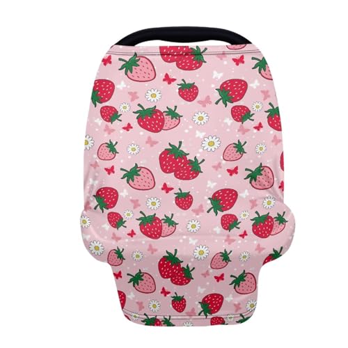 Image of Breast Feeding Cart Baby Car Seat Covers Canopy Cover, Pink Strawberry Nursing Cover and Carseat Cover, Shopping Cart Cover for Baby