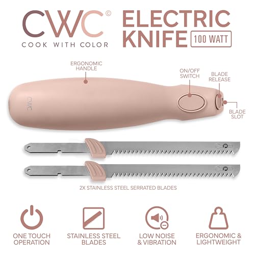COOK WITH COLOR Electric Knife, 100W Power, Dual Stainless Steel Blades for Precise Cutting, Ergonomic Handle, Low Noise and Vibration, Ideal for Bread, Meat, and Vegetables, Blush - Thumbnail 2