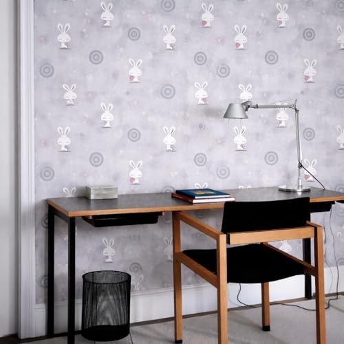Image of Grey Rabbit Heart Theme Self-Adhesive Wallpaper | Peel & Stick, Washable, Damage-Free Removal | Kids Room Decor 2 x 3 Feet