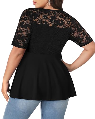 Pinup Fashion Women's Plus Size Summer Peplum Short Sleeve Lace Empire Waist Pleated Tunic Tops 1X-5X3