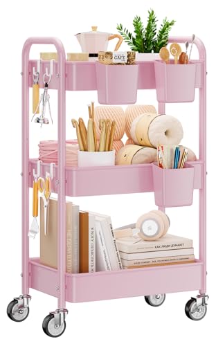 Image of YASONIC 3-Tier Metal Rolling Cart, Heavy Duty Utility Cart with Lockable Wheels, Hanging Cups, Hooks, Mesh Rolling Storage Cart Craft Organizer, Lightweight and Sturdy, Pink