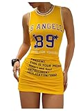 BEAUDRM Women's Jersey Dress Number Letter Graphic Jersey Dress Y2k Crew Neck Sleeveless Bodycon Mini Tank Dresses Streetwear Yellow X-Small