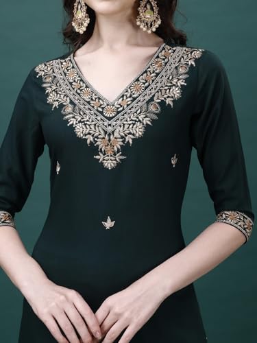 Image of NIVANA Floral Embroidered Regular Kurta with Trousers & Dupatta for Womens | Fashionable