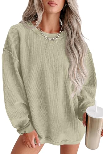 QIXING Damen Sweatshirt Oversize Pullover Rundhals Baumwollpullover Langarm Cordpullover Tops Herbst Mode Outfits 2025(Hellgrün, L)