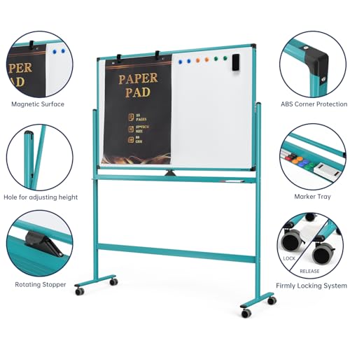 Image of Large Dry-Erase Rolling Magnetic Whiteboard - 48 x 32 Inches Dry Erase Board with Stand Height Adjust Double Sides Mobile White Board Easel on Wheels with 25 Sheets Paper Pad Office, Home & Classroom