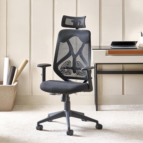 Image of Home Centre | Yuva Ergofit Office Chair | Ergonomic Study Chair | Polyester Blend | Black | 1 Year Warranty