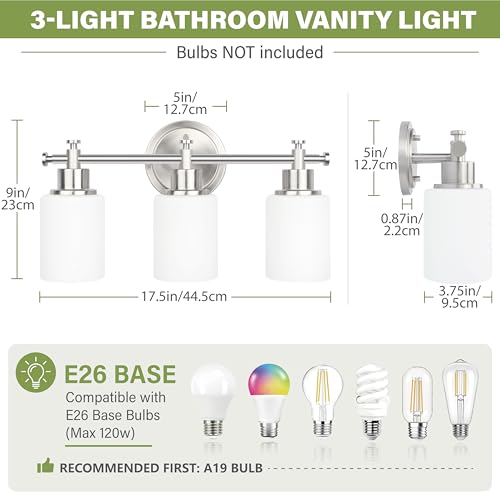 Image of 3-Light Bathroom Vanity Light Fixtures, Brushed Nickel Bathroom Wall Sconce, Modern Vanity Light with Milky White Glass Shade Over Mirror, Bathroom, Bedroom, E26 Base, 17 Inch