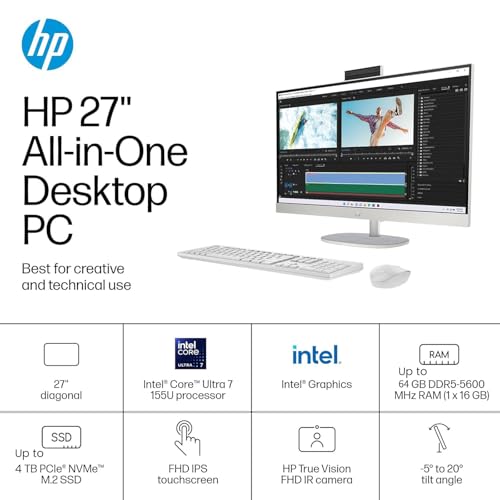 Image of HP 27-inch All-in-One Desktop Computer - FHD Touchscreen, 64GB DDR5 RAM, 4TB SSD, Intel Ultra 7-155U, Intel UHD Graphics, Windows 11 Pro, Wi-Fi 6, HDMI