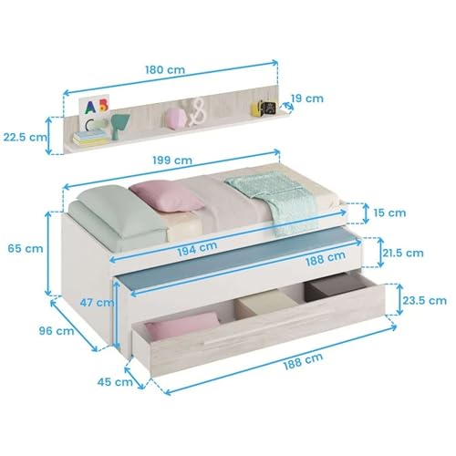 Miroytengo Pack Muebles Dormitorio Juvenil Completo en Color Blanco y Roble Claro Cama + Armario + Escritorio con Estantería. Incluye Somieres - imagen 7