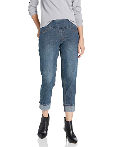SLIM-SATION Women s Wide Band Pull-on Boyfriend Cuffed Denim Crop, Dark Indigo, 10