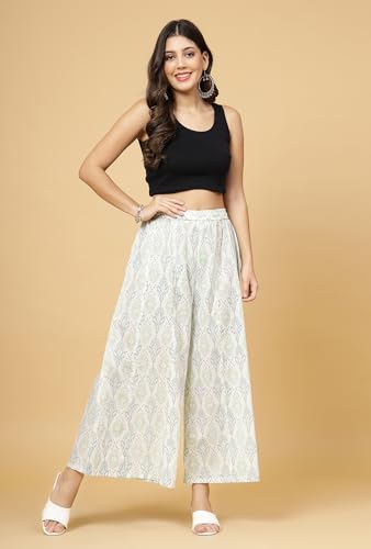 Image of Pistaa's Women's Regular Fit High Rise Pure Cotton Big Flair Printed Regular Palazzo