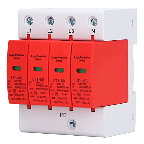 Yosoo Health Gear Urządzenie Przeciwprzepięciowe 4P, Zabezpieczenie Przeciwprzepięciowe PC AC 385VAC 40kA do 80kA 4-biegunowy Ogranicznik przepięć, do 2,4kV, Szyna DIN Ochrona Systemu Zasilania dla