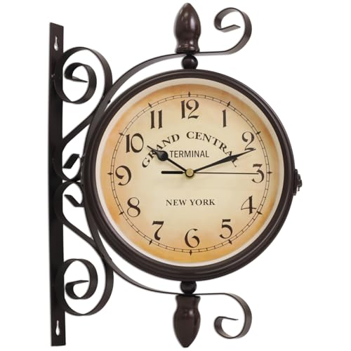 Japard Vintage Wall Clock, Antique Unique Industrial Double Sided Decorative Retro Kitchen, Wall Mounted Battery Operated Brown Dial 9.84 inch