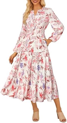 GRACE KARIN Women Floral Maxi Dress,2025 Fall Long Sleeve Casual Dresses,V Neck Boho Flowy Elegant Dress with Pockets