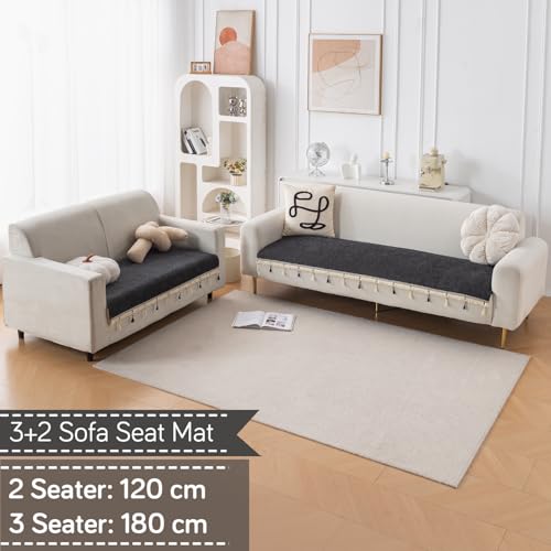 Image of HOKIPO 'Serenity Tassel' Chenille Sofa Cover 5 Seater Set with Tassels - Washable 3+2 Sofa Cover Mat | Midnight Graphite (IN-891 + IN-892 - DGRY)