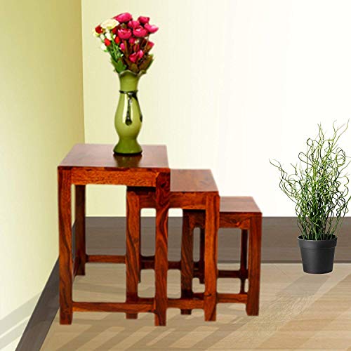 Image of Brown Finish Sheesham Wood Nesting Bedside End Tables-Set of 3
