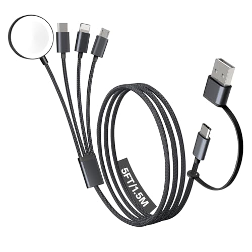 Travel Essentials, 4 in 2 Multi Charging Cable for Apple Watch Charger/iPhone Charger,USB C Cable Cord for iPhone 17-11/iWatch Ultra/10-2/Galaxy S25-S20, Android Phones, Kindle, MP3-Black,5FT