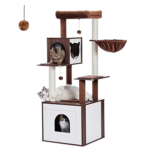 PETEPELA Modern Cat Tree Wood Cat Tower with Storage Cabinet Litter Box Enclosure and Spacious Cat...