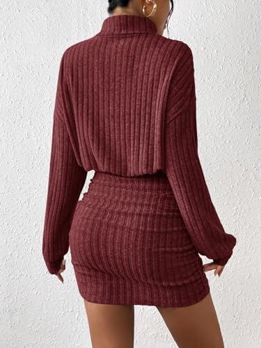 Image of Women's Pullover Sweater Dress Long Lantern Sleeve Turtle Neck Cute Ribbed Knit Bodycon Mini Short Dress 2024 Fall-Red-M