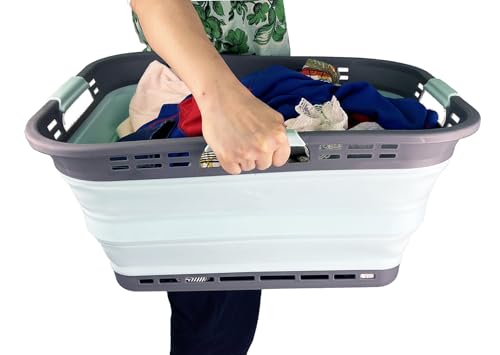 Image of SAMMART 42L (11 Gallon) Collapsible Plastic Storage Basket - Foldable Pop Up Storage Container - Portable Laundry Organizer - Space Saving Hamper (Pink+Lake Green, 42L (Style A))