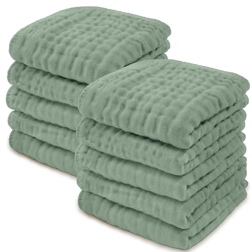 Image of Baby Washcloths, Muslin Cotton Baby Towels 10 Pack -Large 10”x10” Wash Cloths Soft on Sensitive Skin, Absorbent for Boys & Girls, Newborn Baby & Toddlers Bibs & Burp Cloths Essentials Set, Fern