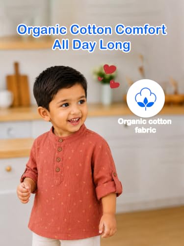 Image of Kidbea Boys Cotton Mandarin Collar Shirt Long Sleeves Short Kurta for Kids