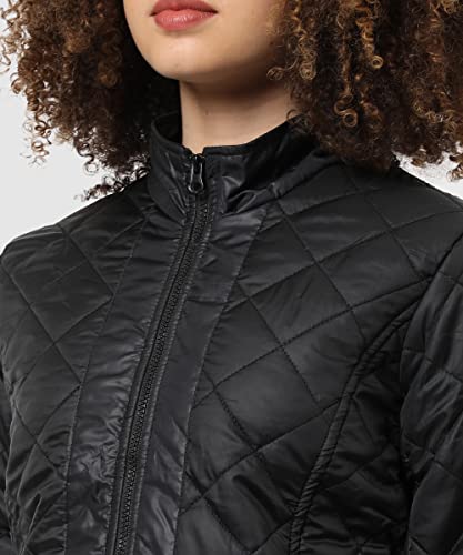 Image of Campus Sutra Women's Black Quilted Regular Fit Bomber Jacket For Winter Wear | Standing Collar | Full Sleeve | Zipper | Casual Jacket For Woman & Girl | Western Stylish Jacket For Women