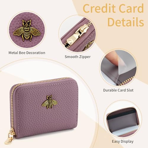 Image of WOZEAH Leather Credit Card Holder for Women Wallet RFID Blocking Zipper Wallet Card Case Business(Purple)