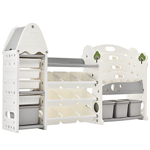 Image of Veemuaro Toy Storage Organizer, Kids Bookcases and Children's Toy Organizer Rack, Kids Toy Box Chest with 17 Storage Bins and 4 Tier Bookshelf for Kids Room, Classroom and Nursery (All-in-One, Gray)
