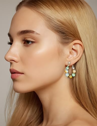 Agate Tiger Eye Beaded Hoop Earrings Gold Plated Hypoallergenic Natural Quartz Healing Gemstone Crystal Lightweight Boho Statement Jewelry for Women3