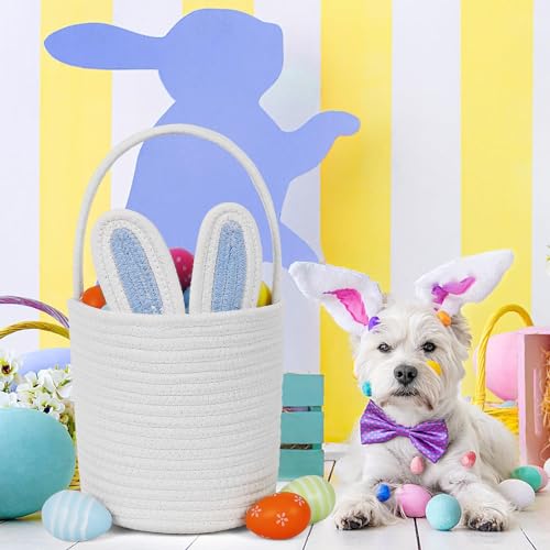 Image of Wepop Easter Baskets for Kids Woven Bunny Basket with Handle Egg Hunting Easter Bucket for Boys and Girls