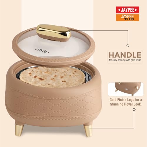 Image of JAYPEE Kingston Klass Stitched Leather Luxurious Outer & Inner Stainless Steel Casserole Set of 3 with Glass Lid (1500+2000+2500) ml PUF Insulated Serving casserole Set Roti Box Hot Box BPA Free,Brown