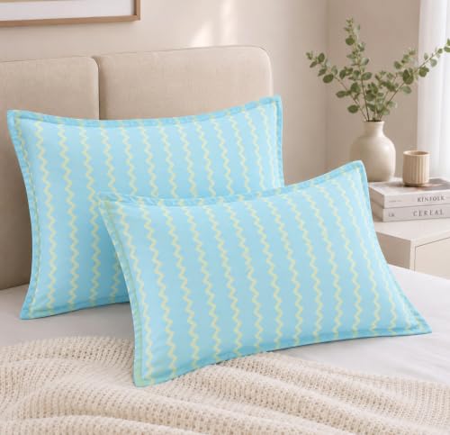 Image of VAS COLLECTIONS Premium 210 TC Cotton Satin Stripe Pillow Cover Set of 2 (18x28 Inches) | Hotel Quality Soft Breathable Pillow Cases | Pillow Covers for Home Hotel Hospital Use, Aqua & White