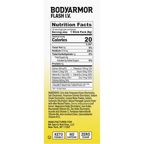 Image of BODYARMOR Flash I.V. Electrolyte Packets, Pineapple Coconut, Zero Sugar Drink Mix, Single Serve Packs, Coconut Water Powder, Hydration for Workout, Travel Essential, Add Sticks to Liquid (15 Count)