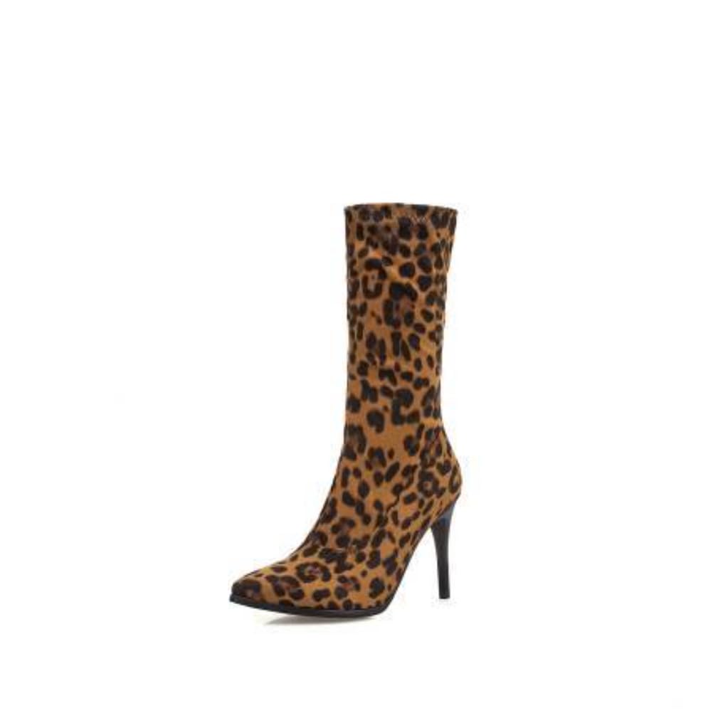 Womens Stylish Pointed Toe Mid Calf Boots Stiletto High Heels Slip on Side Zipper Pu Leather Upper Dress