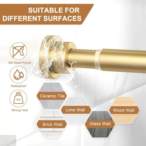 Image of JD FRESH 155 to 295 Cm Extendable Curtain Rod Holder Non-Drilling /Anti-Skid Spring Pull Rod /Stainless Steel Rust Proof Shower Curtain Rod /Window Curtain Rod / (Golden)