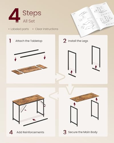 Image of VASAGLE Computer Desk, Office Work Desk, 47.2 x 19.7 x 29.9 Inches | For Study, Bedroom, Home Office, Living Room, Rustic Brown and Black ULWD212K101