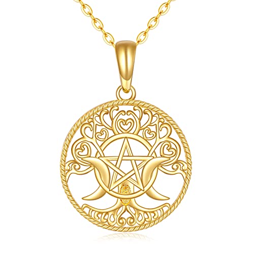 KECHO 14K Gold Pentagram Pentacle Necklace Triple Moon Goddess Pentacle Necklace for Women Real Yellow Gold Pagan Wiccan Magic Amulet Jewelry Gifts