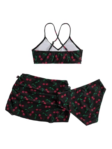 Image of Floerns Girl's 3 Piece Swimsuit Cherry Print Cute Bikini Set with Cover Up Skirt