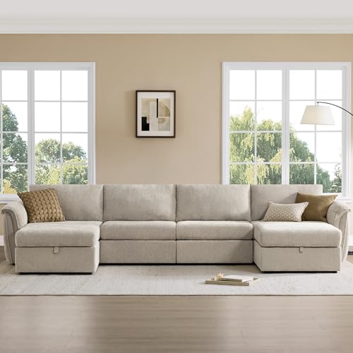 Image of CHITA Extra Large Sectional Couches for Living Room, U Shaped Cloud Modular Sectional Sofa with Chaise, Ottoman with Storage, 4 Seater U Shaped Sectional Couch, Chenille in Taupe