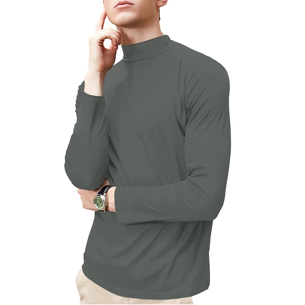 Lexiart Mens Fashion Mock Turtleneck T-Shirts Long Sleeve Slim Fit Basic Tops Lightweight Pullover Sweater Dark Grey