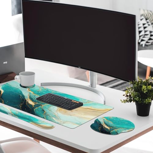 Britimes Keyboard Mouse Pad Set 4in1 Large Mousepad+Keyboard Wrist Rest+Mouse Wrist Rest+Coaster Set with Ergonomic Design for Home Office Computer 35.4x15.7Inches (Green and Gold Marble) - Thumbnail 7