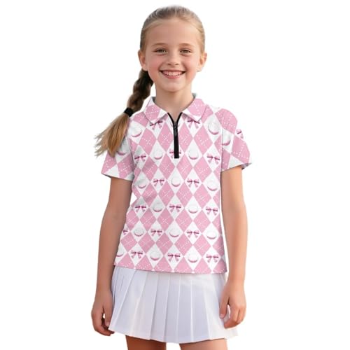 Girls 1/4 Zip Collared Golf Shirt 5-12 Y Kids Short Sleeve Golf Tops Summer Novelty Graphic Tennis Shirts