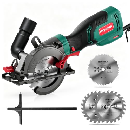 HYCHIKA Handcirkelzaag, 750 W cirkelzaag 3500U met 6 zaagbladen (115 & 125 mm), geleiderail, maximale zaagdiepte 48 mm (90 graden)/32 mm (45 graden)