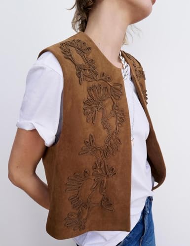 Image of hathne Embroidered Faux Suede Vest for Women Floral Embroidered Vest Sleeveless Open Front Vintage Vests