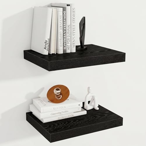 Fun Memories 12 Inch Deep Floating Shelves, 16 x 12 Wooden Wall Shelves, Extra Deeper & Thicker Rustic Wall Mounted Storage Shelf for Fireplace, Living Room, Kitchen, Farmhouse, Black - 2Pack