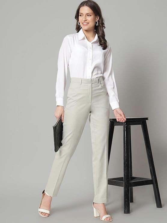 Image of Powersutra Solid Trouser | Mid Waist Trouser for Women | Slim Fit | Office Wear for Women | Side Pockets | Cotton Blend Green