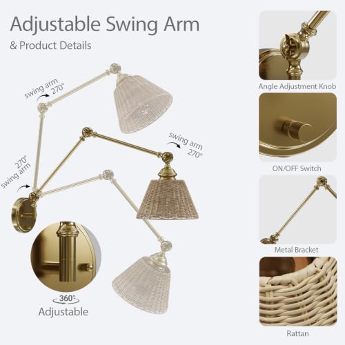 Image of Plug in Wall Sconce, Gold Adjustable Swing Arm Wall Lamp, 1 Pack