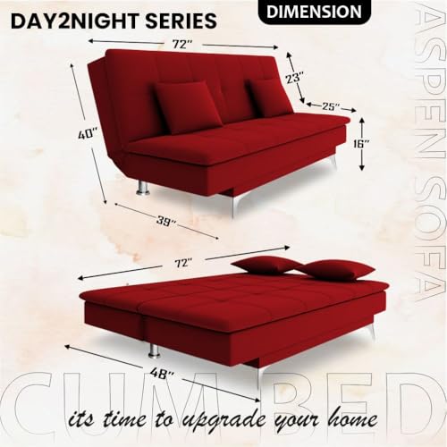 Image of Adorn India Premium New Aspen 3 Seater Sofa Cum Bed 4X6 Velvet Suede with 2 Cushions (Color Red) and Suitable for All Indoor, with 3 Years Warranty
