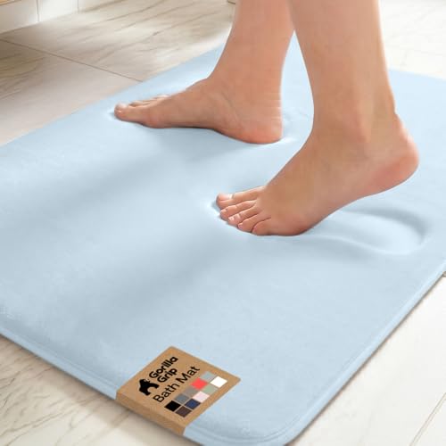 Image of GORILLA GRIP Memory Foam Bath Rugs, Soft Absorbent Velvet Bathroom Mats, Durable Dots on Underside, Machine Washable Bathmat, Carpet Rug Room Decor for Shower Floor, 30x20 Mat, Light Blue